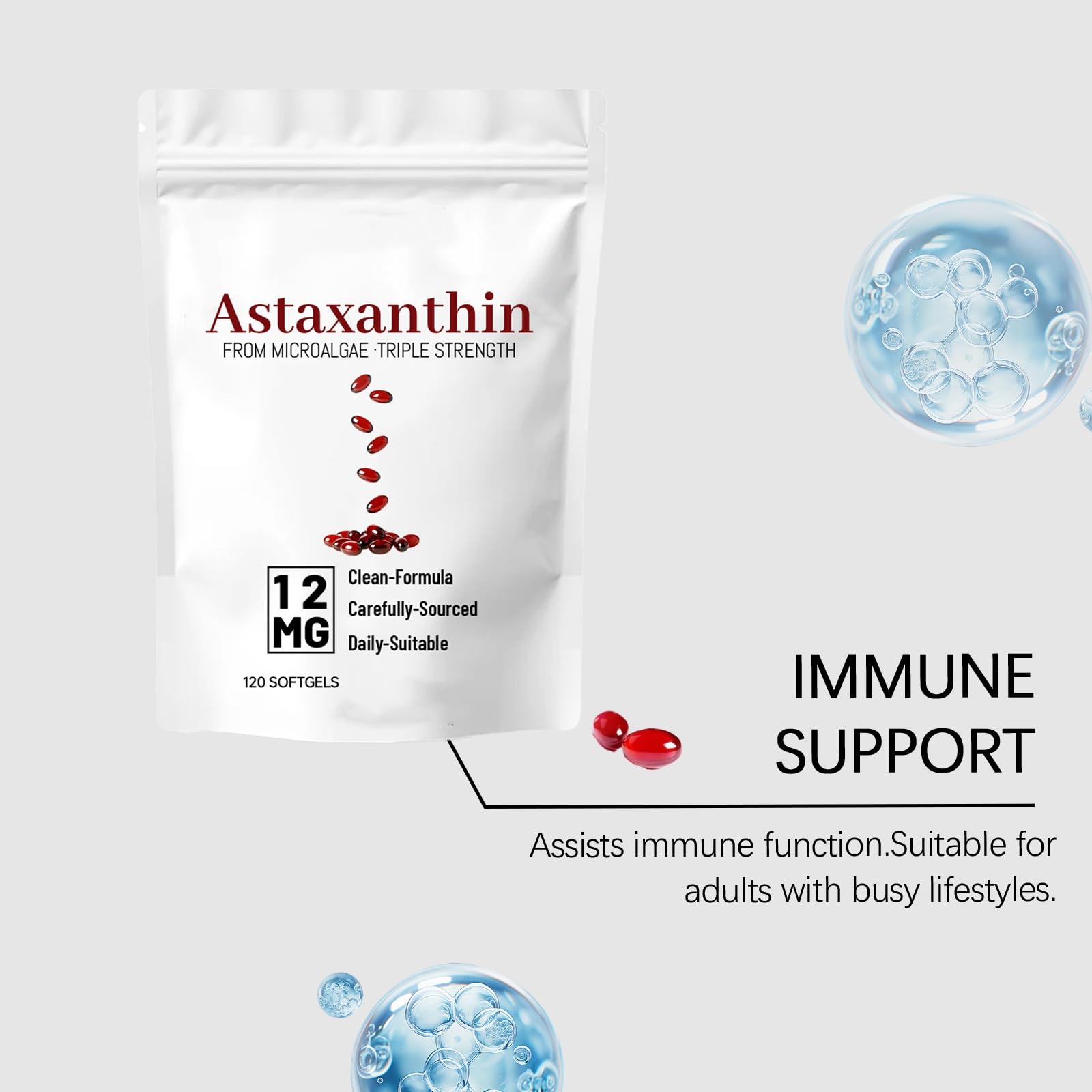 Astaxanthine | Source de microalgues fraîches | Vitalité, concentration et soutien immunitaire | formule triple force | 120 pièces par sac pour un approvisionnement de 4 mois,1pcs