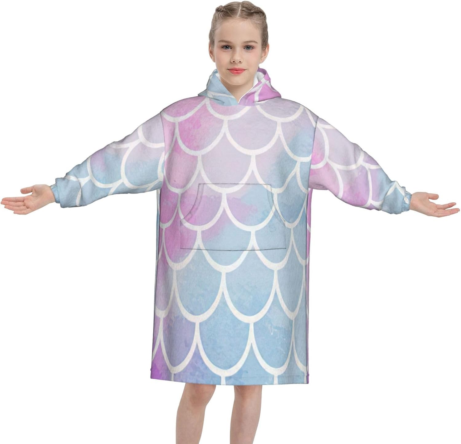 Colorful Mermaid Scale Print Oversized Blanket Hoodie, Wearable Blanket Hooded,Hooded Pullover With Pocket