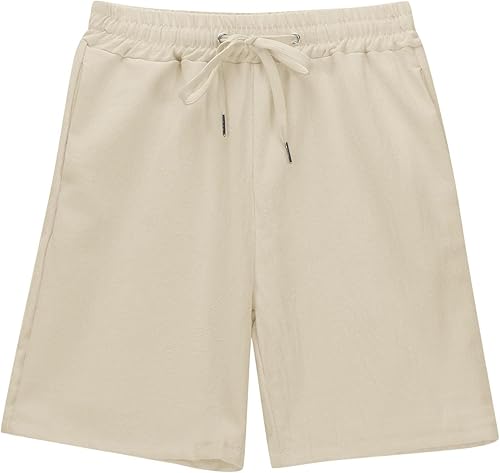 Girls Bermuda Shorts Knee Length Cotton Linen Straight Wide Leg Long Shorts Solid Drawstring Elastic Waist Short Pant(A01-beige,12 Years)
