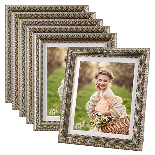 Qutrey 8X10 Picture Frames Set Of 6, Ornate Antique Gold Frame Display Vintage Photos 8 By 10 With Mat For Tabletop And Wall #TOP6