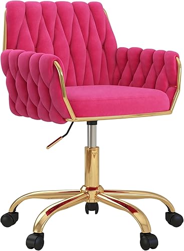 Miniatura 10 de Silla de terciopelo para oficina en casa, moderna silla de tocador de altura ajustable con base dorada y respaldo tejido a mano para dormitorio,