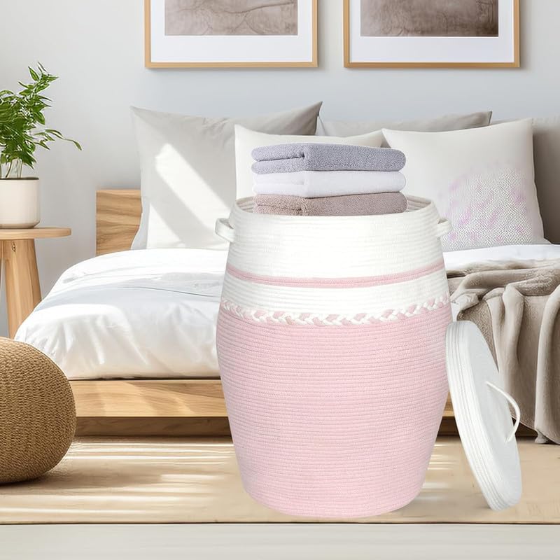 Image of Storage Cotton Rope Basket and Laundry Hamper for Dirty Clothes, Towels, Blankets, Pillows Storage in Living Room, Laundry Room and Bedroom (Pink White Zig Zag With Lid, 14x18 Inch)