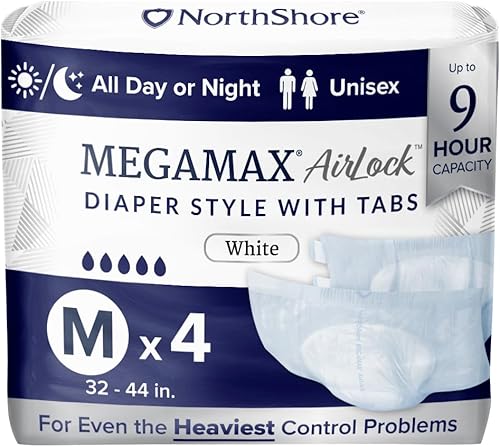 NorthShore MegaMax AirLock - Pañales para adultos transpirables de 9 horas estilo pestaña, talla M, paquete de 4 unidades, color blanco, 32-44