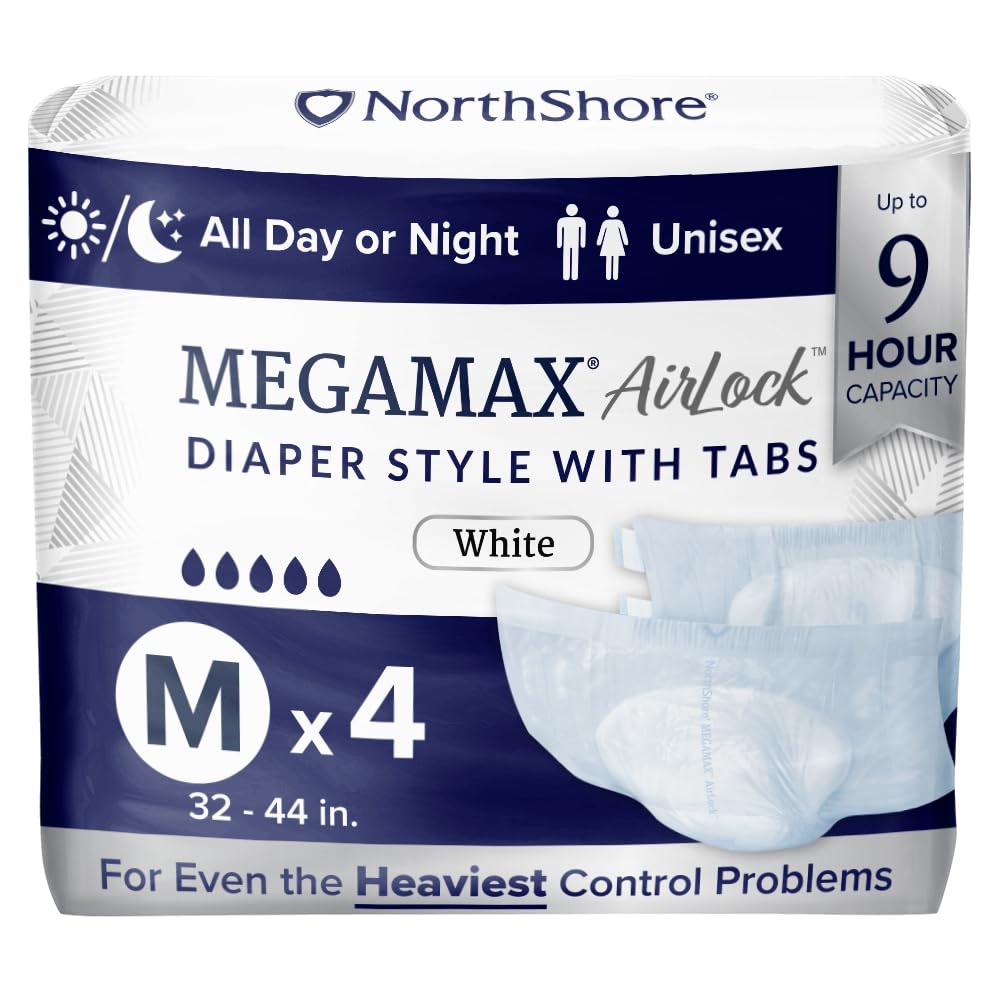 NorthShore MegaMax AirLock Breathable 9-Hour Heavy-Duty Tab-Style Adult Diapers, Medium, Starter Pack of 4, White, 32-44 inches, Unisex Incontinence Underwear
