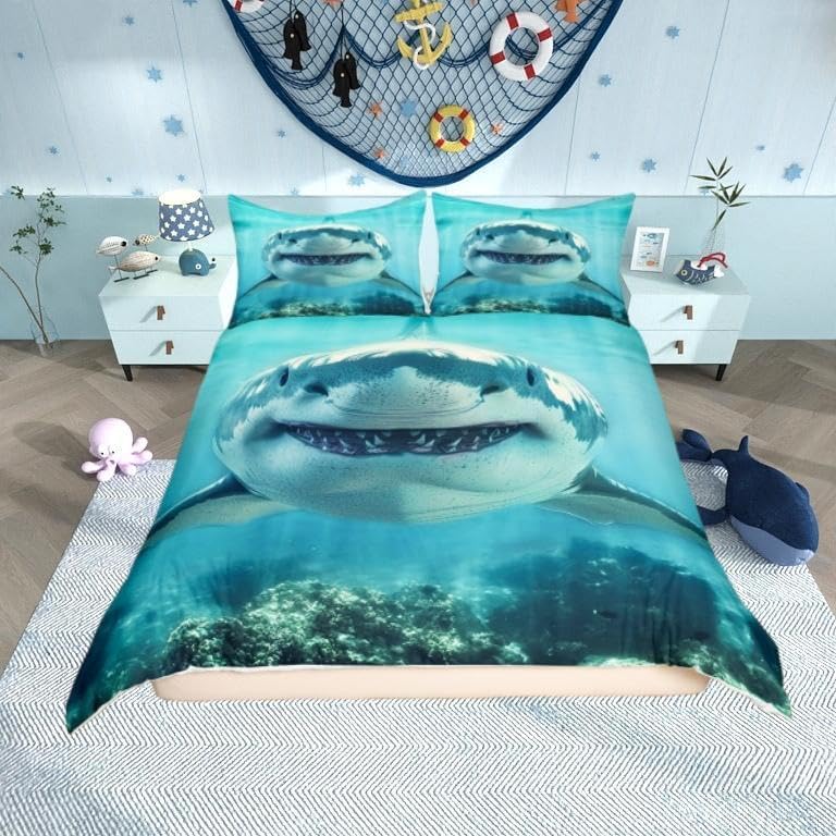 Shark Bedding Set Queen,Sea Animals Comforter Cover for Boys Girls,Shark Fish Print Duvet Cover Set Ocean Sea Themed Bedspread Cover Fashion Teens Bedroom Decor 3 Pcs Bed Collection(No Comforter) - Image 2