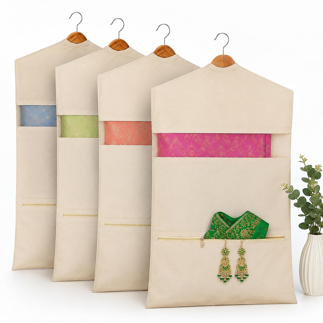 Kottify Hanging Cotton Saree Cover with Zip Closure & Net Window, Clothes Storage Bag for Sarees, Lehengas, Dresses & Garments, Wardrobe Organizer with Hanger Space, 30 x 18 Inch (Pack of 4)-image-11