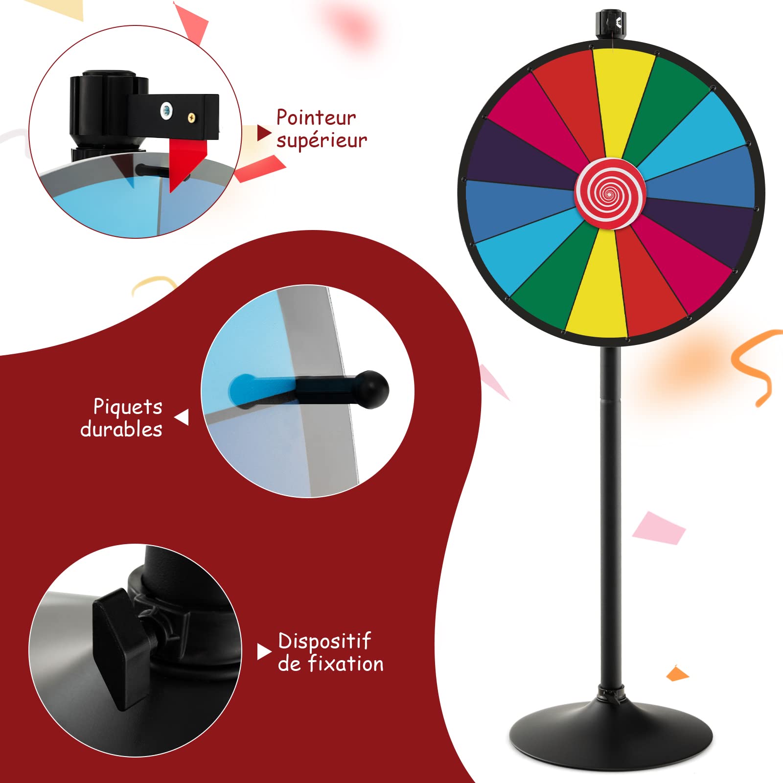 DREAMADE Roue de Fortune Φ 60 CM, Réglable avec 14 Emplacements Personnalisable et Stylo Effaçable Gomme, Roue de Prix avec Base Stable, pour Fêtes, Anniversaires (Base Rond)