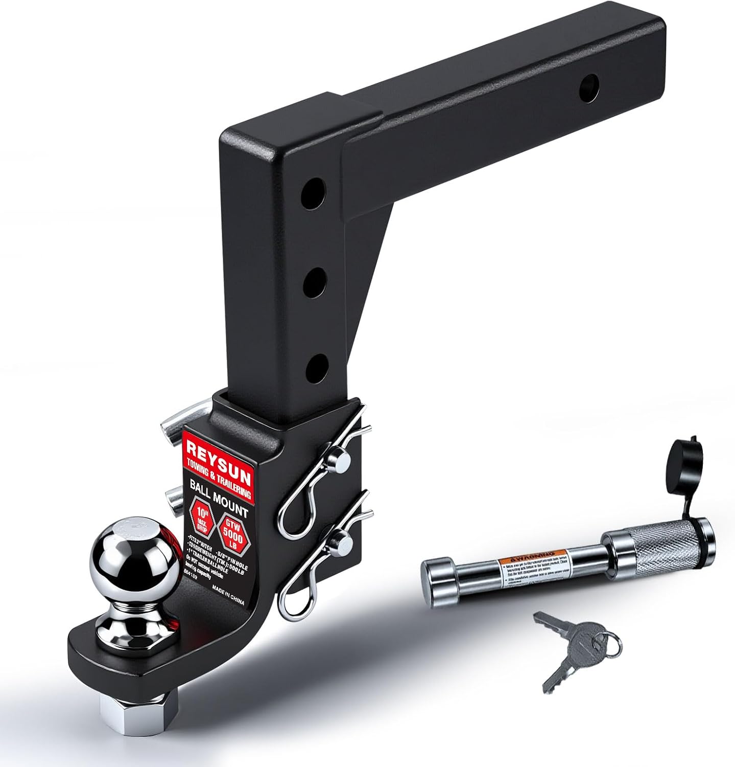 Adjustable Trailer Hitch Ball Mount with 2-inch Hitch Ball, 5/8-inch Hitch Lock, Max Drop 10-inch, Fits 2-inch Receiver Hitch