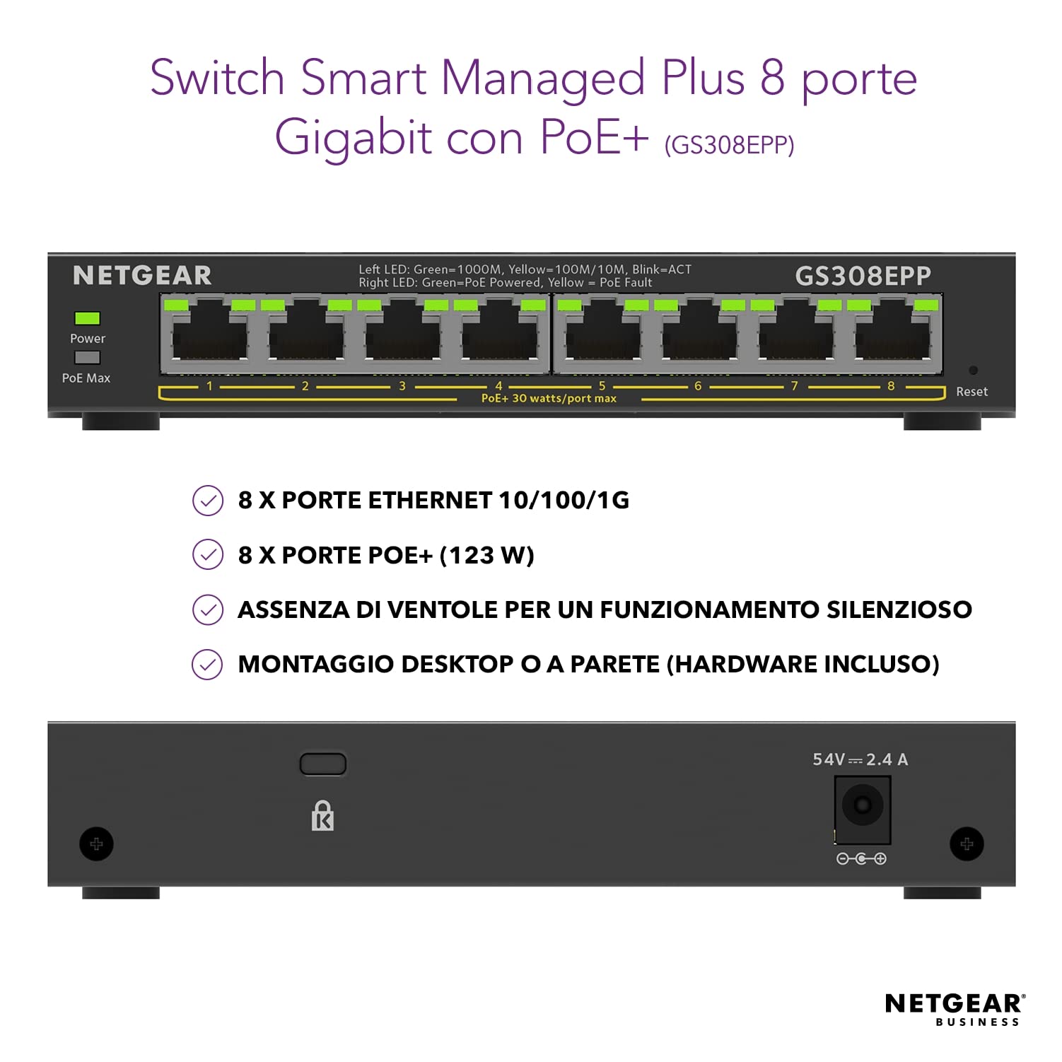 NETGEAR Switch PoE Plus 8 Porte GS308EPP, Supporto VLAN, QoS, Switch Ethernet Gigabit con 8 PoE+ a 123 W, Montaggio Desktop o a Parete