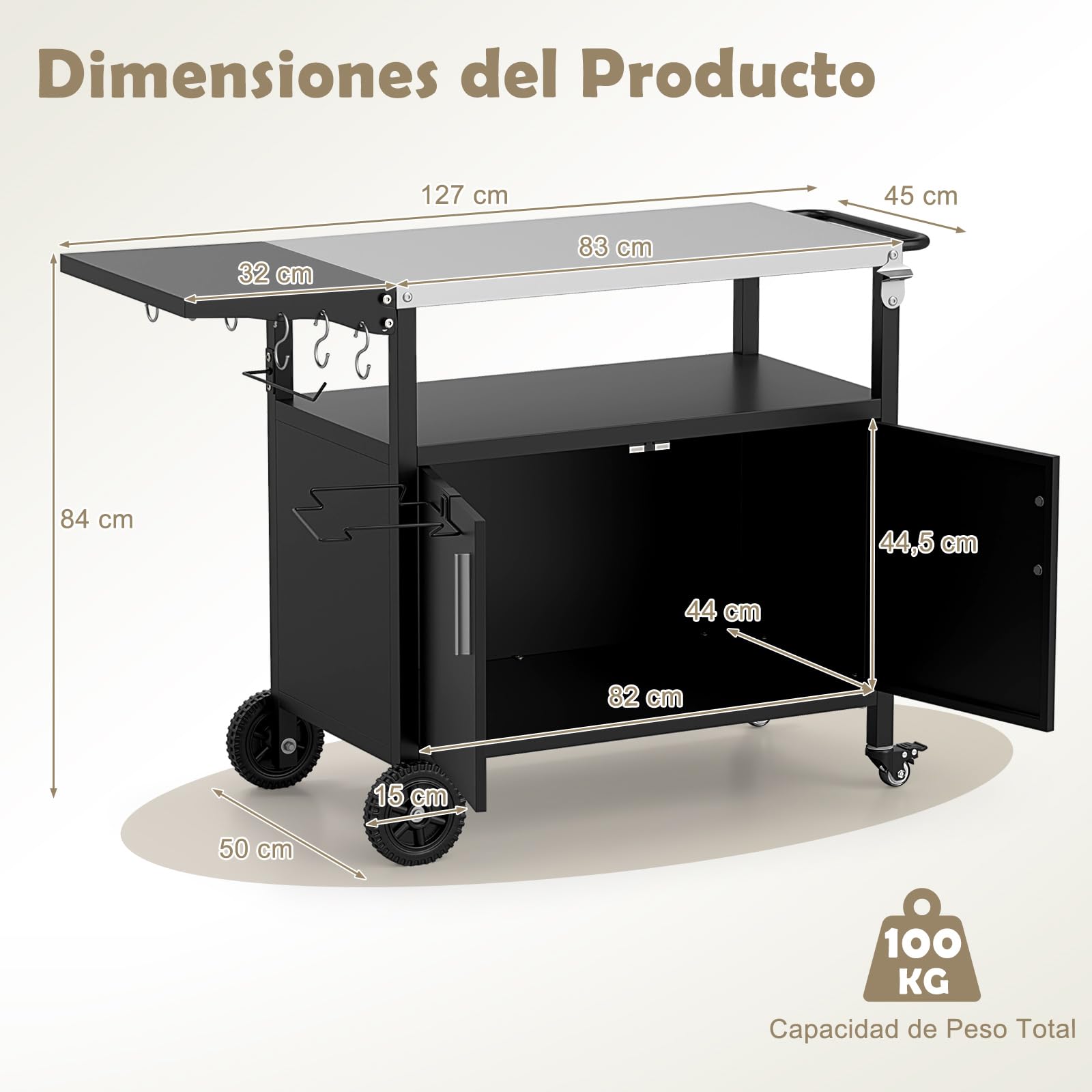 COSTWAY Carro de Barbacoa con Estante Abierto y Armario, Cocina Exterior, Encimera de Acero Inoxidable Plegable, Mueble para BBQ para Picnic, Fiesta, 127 x 50 x 84 cm