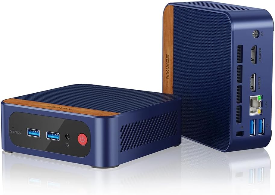 Angolato view del mini PC SZBOX N1 N150 che mostra la parte anteriore e laterale