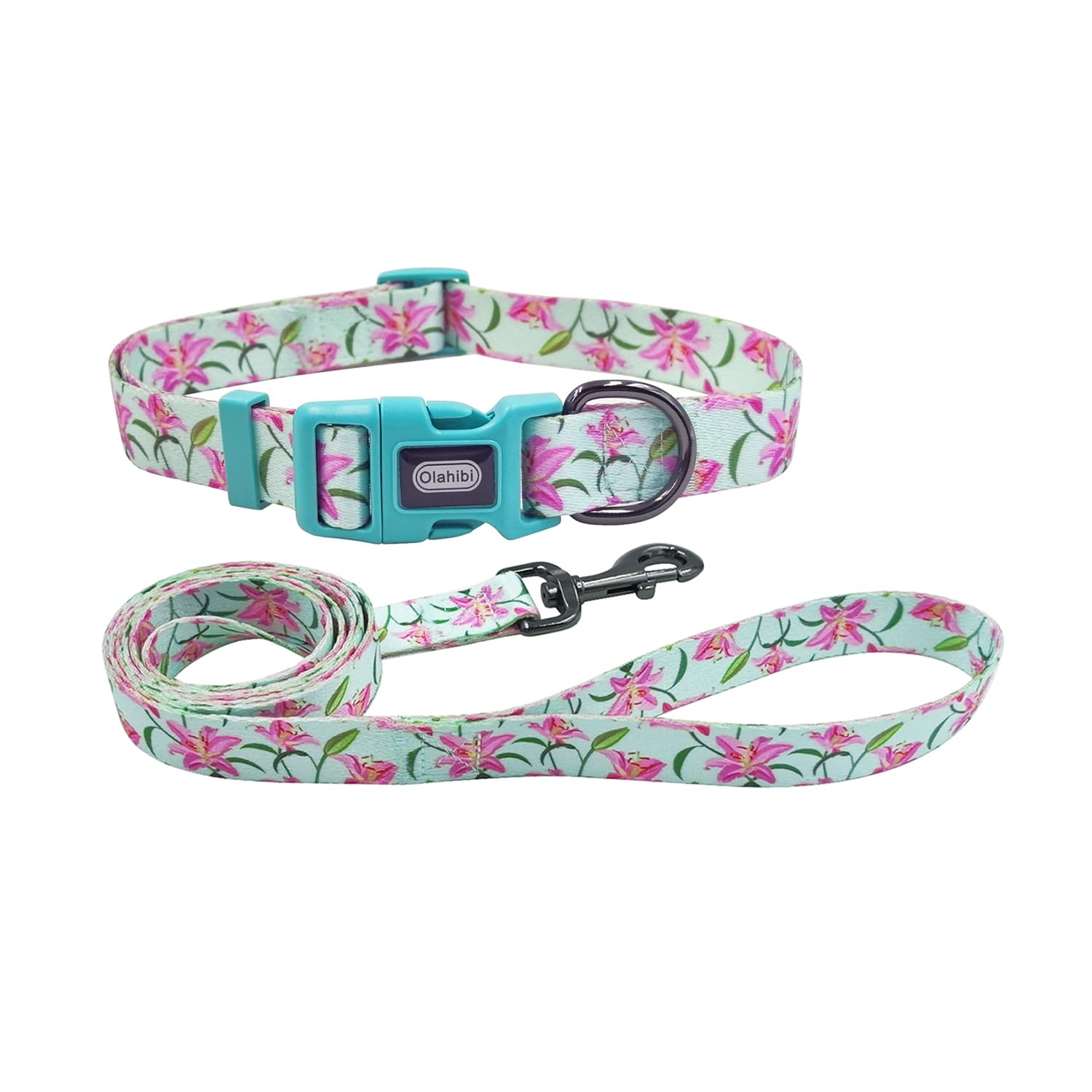 Olahibi Dog Collar Leash Set, Floral Pattern, Polyester Material, Adjustable Collar and 150CM Matching Leash, for Small Dogs.(S,Green Lily)