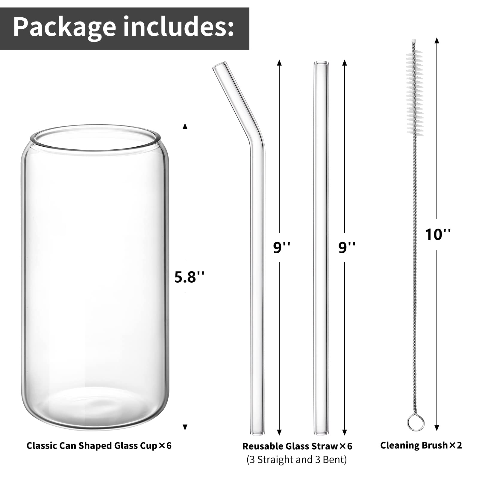 Juego de 6 vasos de cerveza con pajita de cristal, vasos de cerveza de 16 onzas, vasos de vidrio, vasos de café, ideales para whisky, refrescos, té, gran regalo + 2 cepillos de limpieza