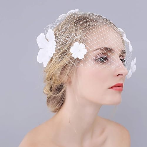 Miniatura 3 de Beaupretty Velo de malla para novia con flores, tocado de gasa para boda, velo corto, red de pelo de novia, tocado decorativo para fiesta de té,