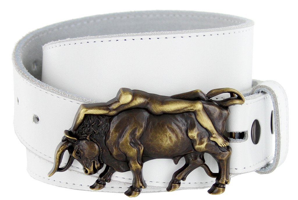 Antique Brass Naked Lady Bull Rider Genuine Leather Belt for Men (White, 42)