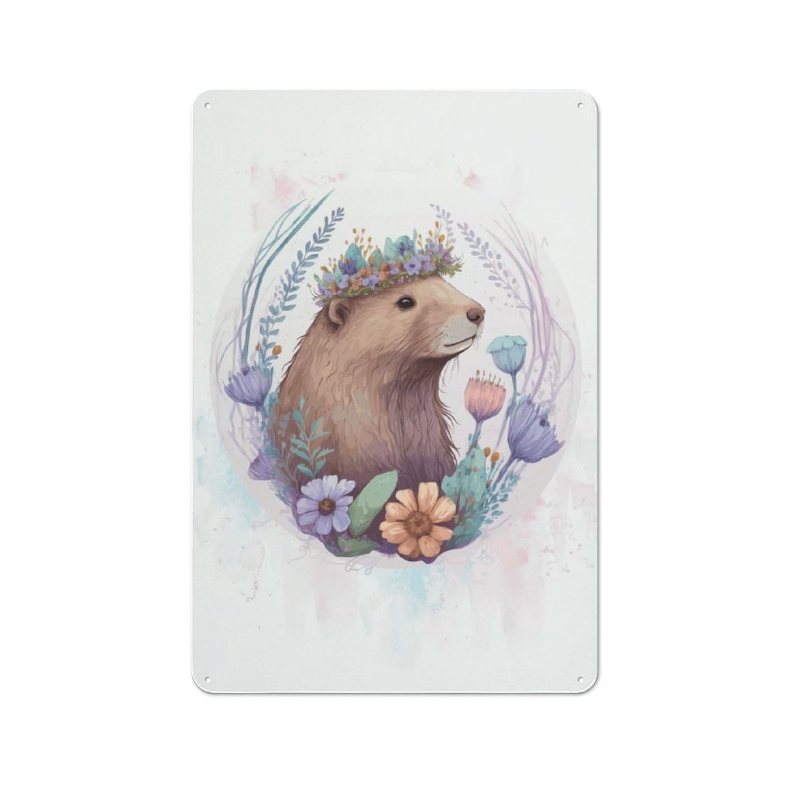 Junmoney Style-2 Floral Watercolor Beaver Vintage Tin Sign 30X20cm, Rustic Bistro Wall Plaque For Kitchen, Cafe, Pantry Or Dining Room