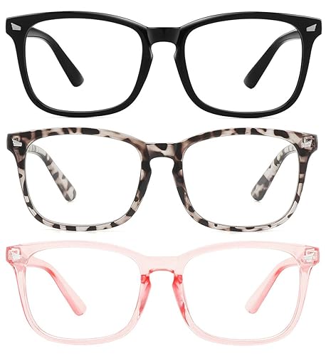 MEETSUN Blue Light Blocking Glasses, Anti Eye Strain Headache (Sleep Better),Computer Reading Glasses UV400 Transparent Lens (Black+Leopard+Pink / 3 PACK, 53) - 3 Pack Black+leopard+pink