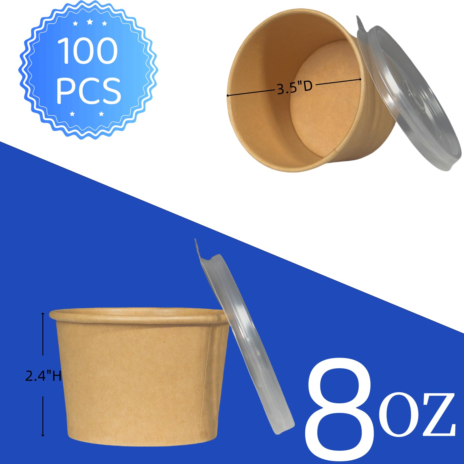 Paquete de 100 recipientes de papel de 8 onzas con tapas, vasos desechables de papel kraft para alimentos, recipientes de sopa resistentes para llevar, cuencos de postre para helado, yogur,