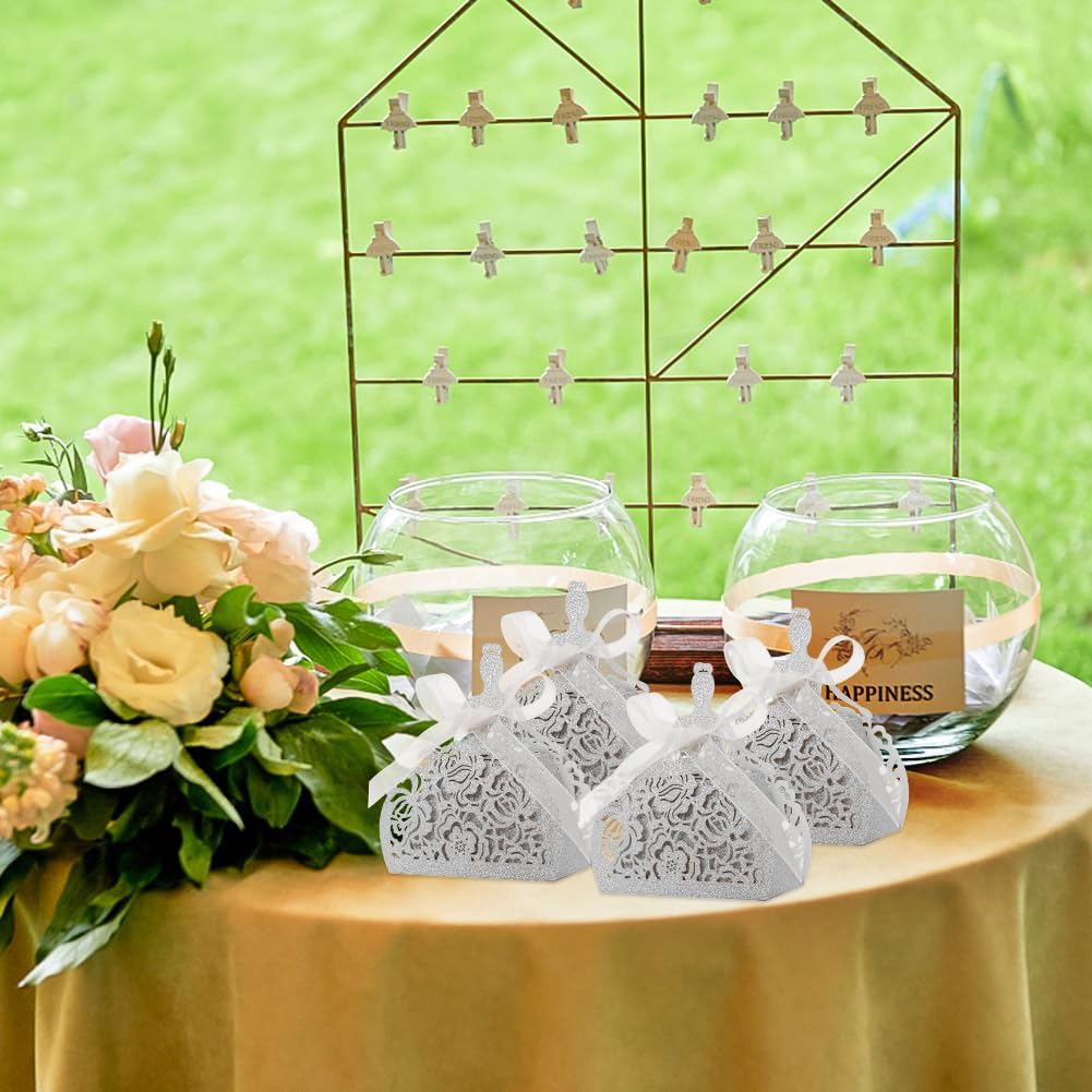 Surakey 50 Pack Girls Laser Cut Wedding Party Favor Box Candy Bag Chocolate Gift Boxes Bridal Birthday Shower Bomboniere with Ribbons Candy Boxes Glitter Hollow Out Wedding Favor Boxes, Red Gold image 3