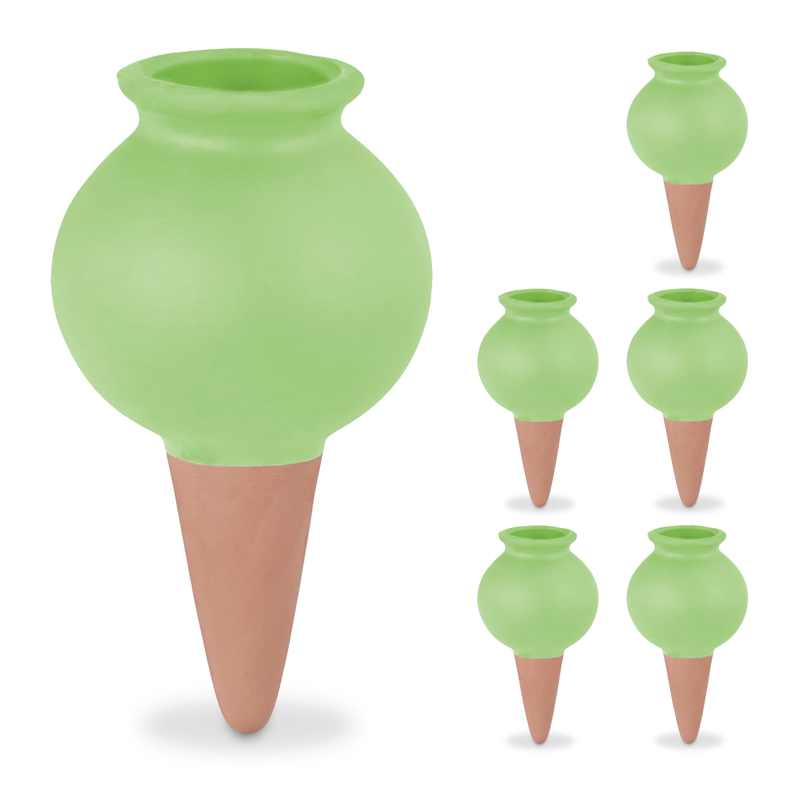 Relaxdays Watering Cones, Set of 6, Fill Up with Water, Round Design, Clay, Irrigation for Houseplants, Terracotta/Green