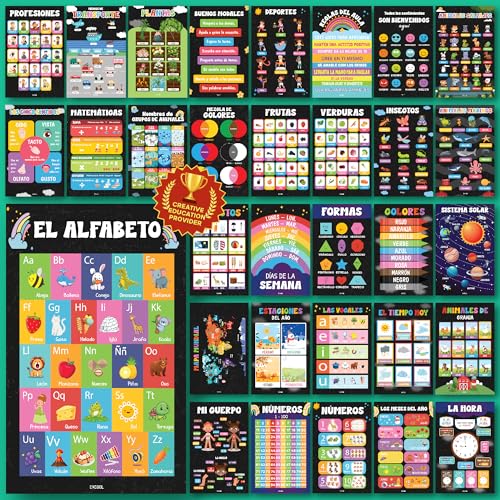 Affiches de classe espagnole EXCOOL CLUB : lot de 32 posters éducatifs bilingues enfants