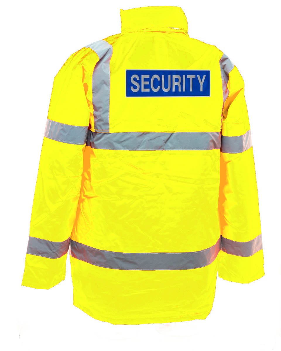 Workwear World Men's Yellow Ww353 Printed Reflective Security Badge Doorman Bouncer Sia Site Hi Viz Visibility Long Traffic Jacket Coat (, Xxl)