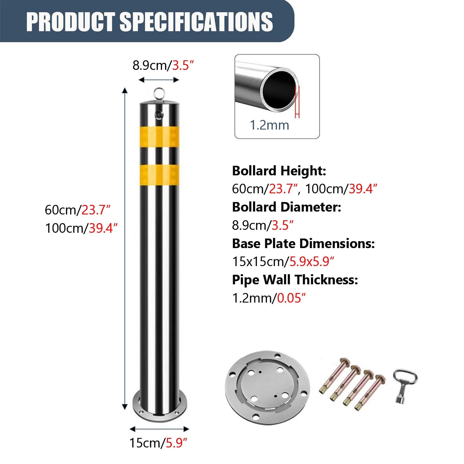 Poste De Bolardo De Seguridad De Control De Tráfico Extraíble Bolardo De Estacionamiento De Acero Inoxidable Bloqueable Con Tiras Reflectantes(60cm/23.7in)