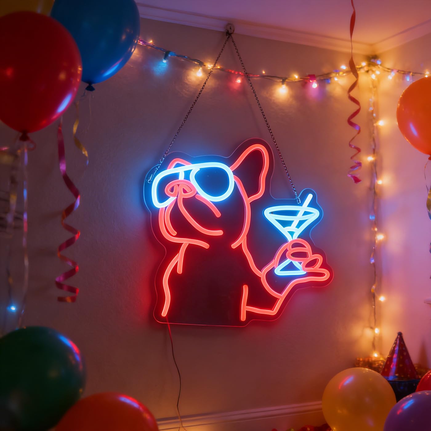 Luce al neon a LED con bulldog francese, insegna al neon per cocktail di cani, cartello a LED con vino di bulldog, decorazione da parete per stanza degli animali domestici, decorazione da parete per