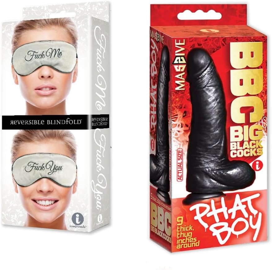 Sex Toy Bundle of Fuck Me/Fuck You Mask and Icon Brands Big Black Cock Phat Boy 9 Inch Dildo