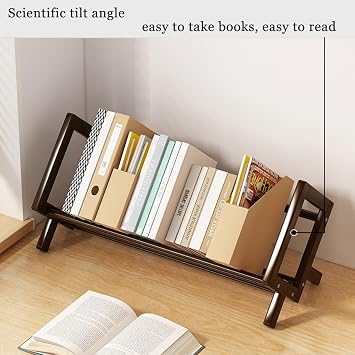 Wood Tilting Bookcase in Living Room/Home/Office, Desktop Book Shelf Organizer Bookshelves Storage Rack for CDs/Magazine/Books Display (Coffee, 16-L)