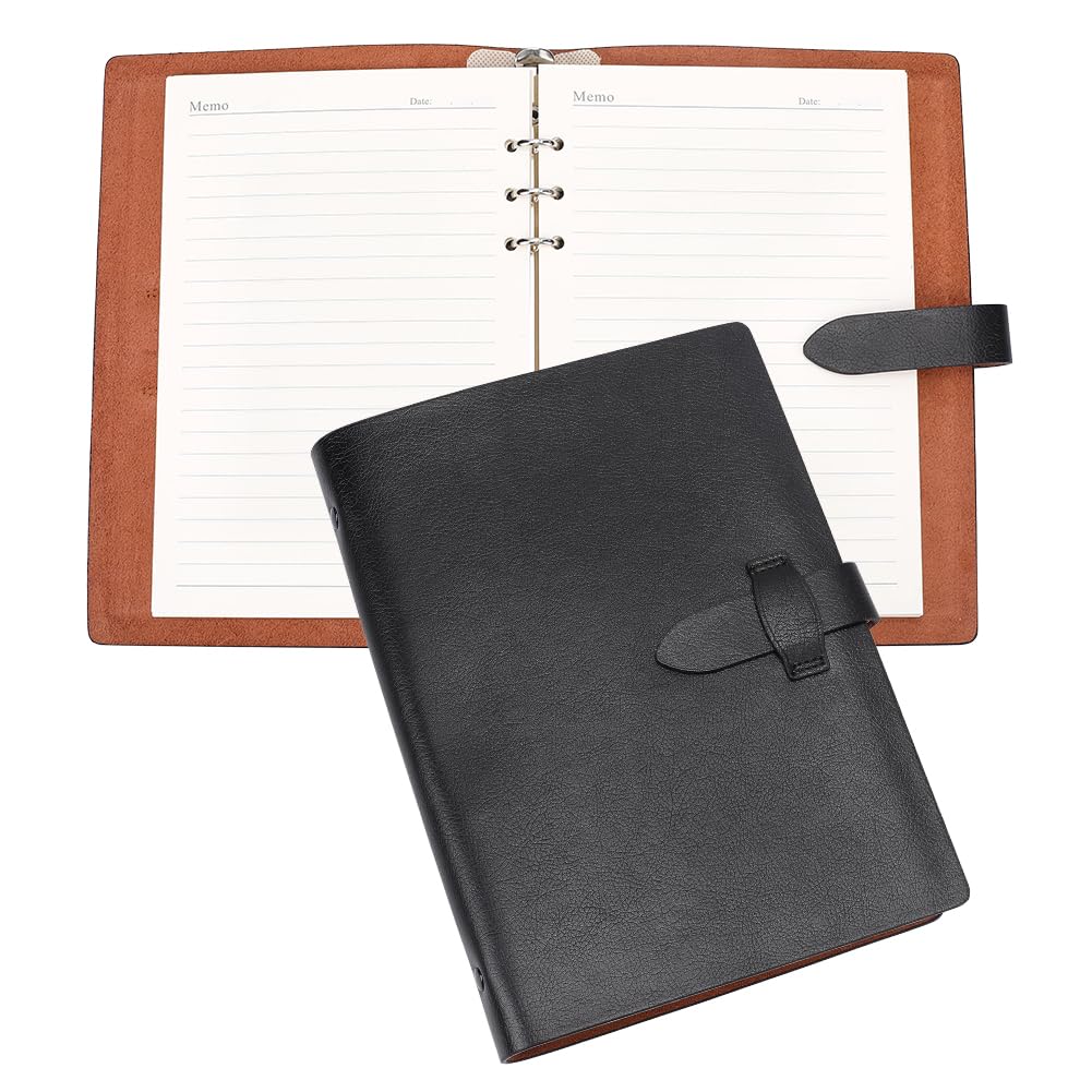 WEBEEDY A5 Leather Refillable 6-Ring Binder Notebook Planner Black Journal Organizer with 146 Pages for Journal Travel Office Daily Use Christmas Birthday Gift (16x23x2.8 cm)