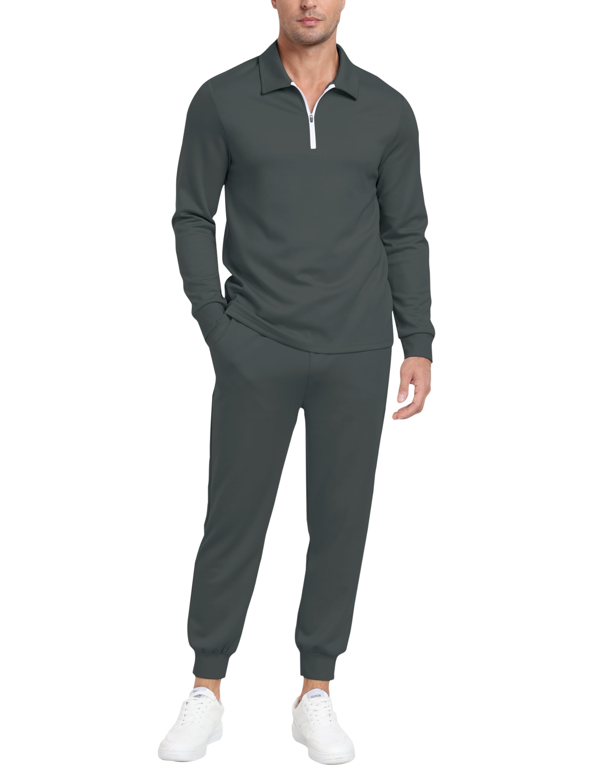 MoFiz Chándal de 2 piezas para hombre, con cremallera de 1/4, manga larga, pantalones de correr, ropa casual para hombre
