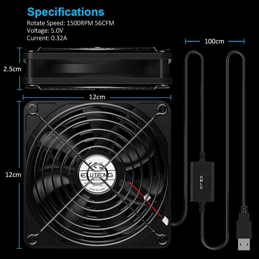 ELUTENG Ventola 120mm USB 5V Raffreddamento PC Silenziosa Ventole Fan 12cm 7 Lame con Griglie Metalliche per TV Box/Router/Xbox/Playstation/PC DIY