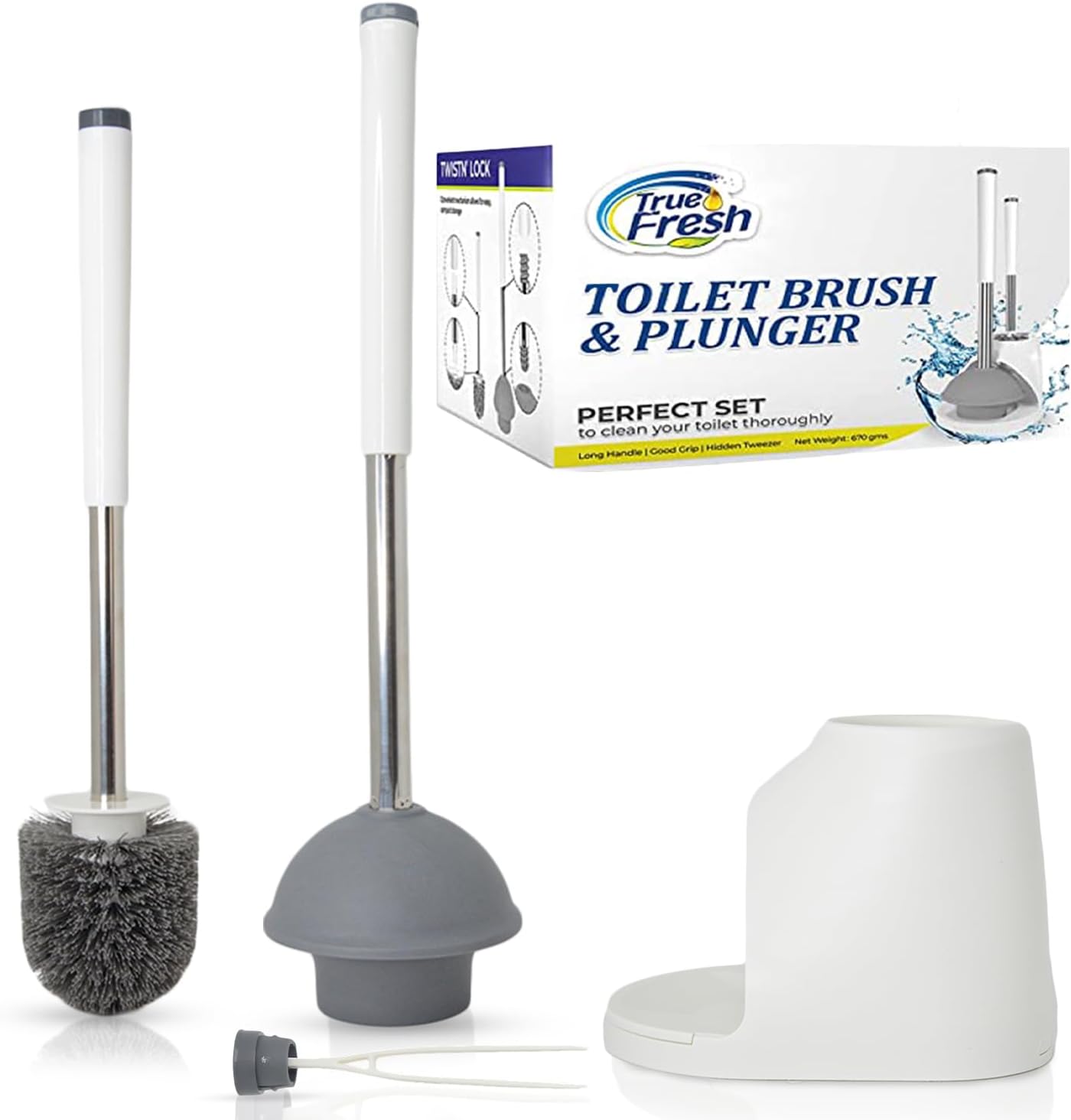 True Fresh Toilet Brush and Plunger Set with Holder Caddy -Stainless Steel Brush and Toilet Plunger for Heavy Duty -2-in-1 Scrubber Combo with Hidden Tweezer & Extendable Plastic Handle
