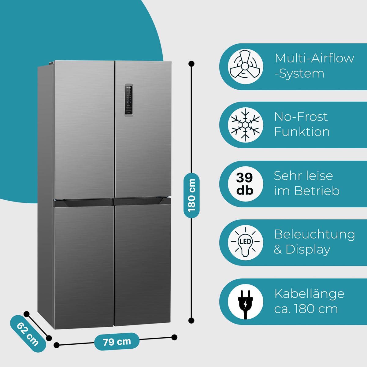 Bomann French Door Kühlschrank No Frost | Kühl-Gefrier-Kombinationen mit Total No Frost | Kühlschrank mit Gefrierfach 362L | Side by Side mit MultiAirflow-System | KG 7358 inox
