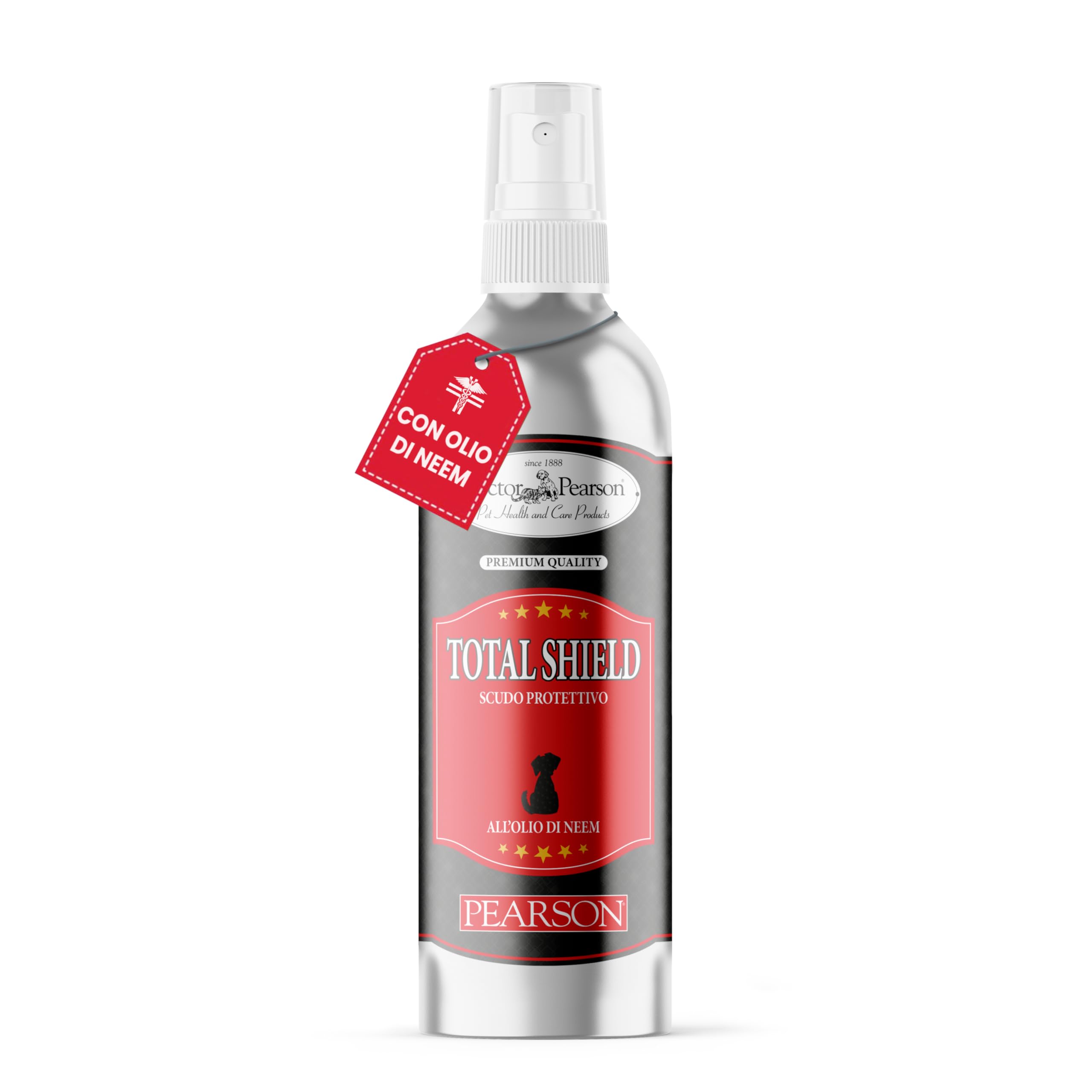 Pearson Total Shild Spray Huile de Neem pour chiens, Bouclier protecteur naturel à l'huile de Neem pour chats et chiens, flacon pulvérisateur écologique 250 ml, fabriqué en Italie.