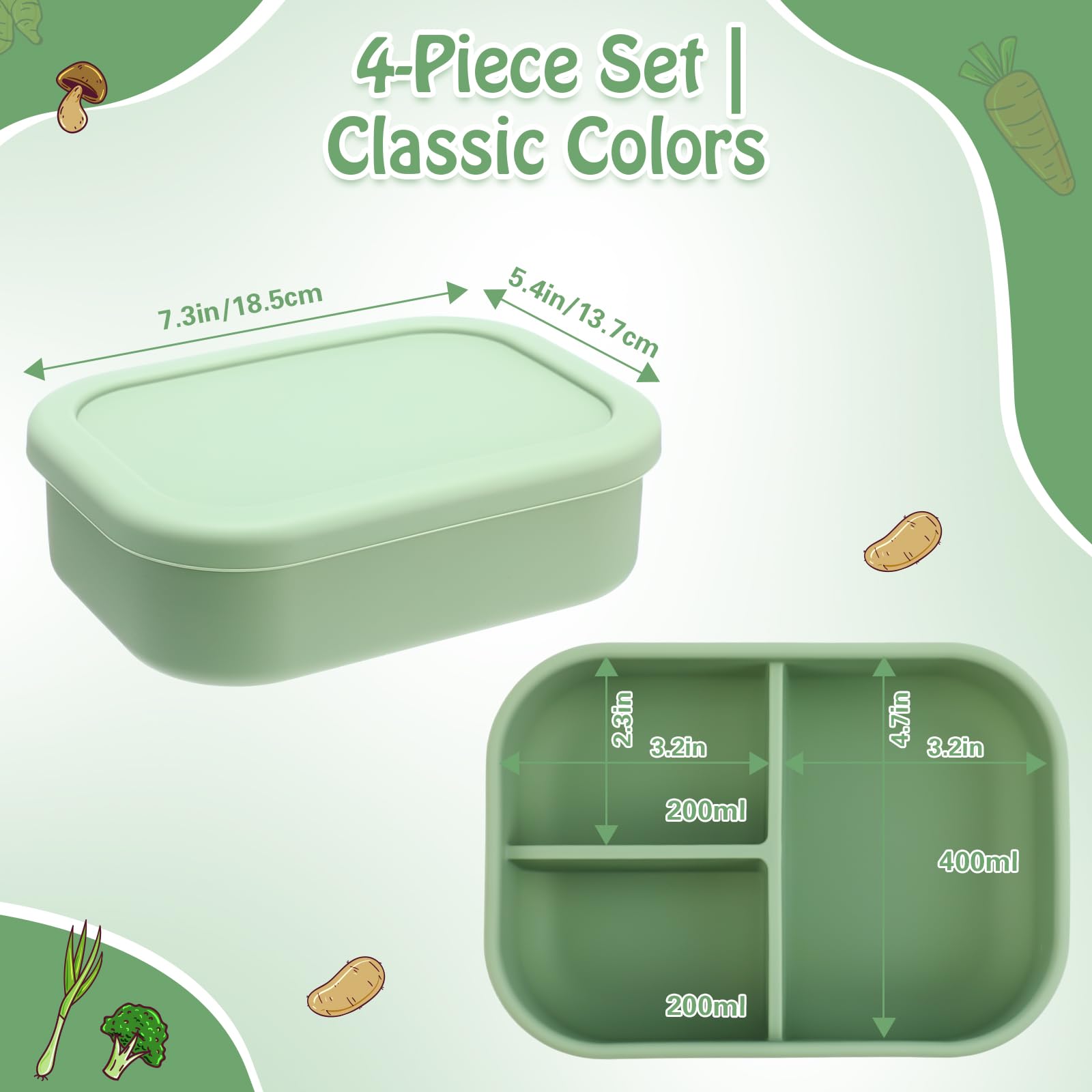 Honeydak 4 Pcs Silicone Bento Lunch Box 3 Compartment Reusable Leakproof Silicone Bento Lunch Container for Adults Microwave Dishwasher Freezer Safe (Olive Green)