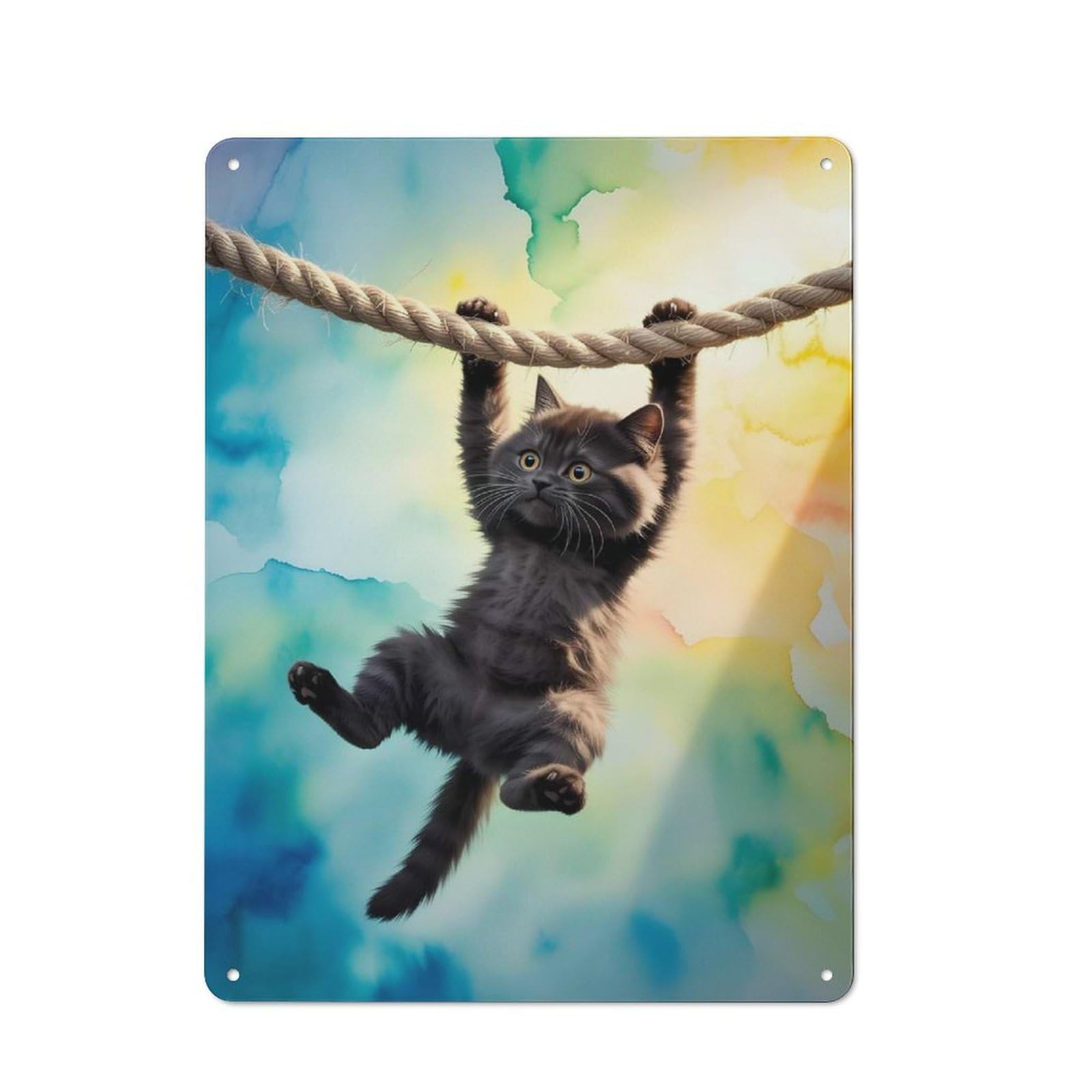 Junmoney Style-22 Workshop Style Garage Metal Sign 40X30cm Featuring Kitten Hanging On Rope Watercolor Background, Industrial Wall Art For Garage, Hobby Room, Office Or Man Cave