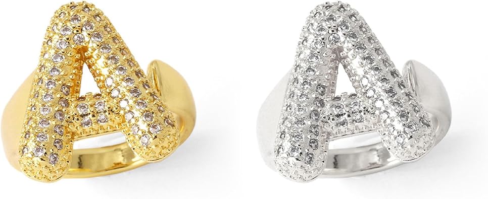 Dcfywl731 2PCS Initial Ring for Women - 14K Gold Plated Rhinestone Silver Chunky Ballon Letter Ring - Open Adjustable Puffy Personalized Birthday Jewelry Gifts - Trendy Stuff