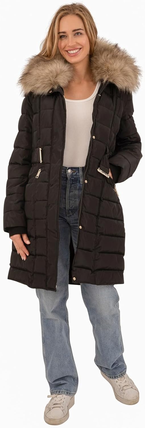 Nine West womens Belted Puffer With Faux Fur Trim Hood