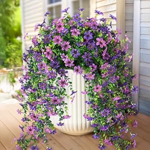 Artificial Fake Hanging Flowers Plants for Outdoor Spring Decoration,2 PCS Faux Silk Daisy with Eucalyptus Leaves,UV Resistant Look Real for Outside Home Indoor Planter Porch Patio Balcony Yard Decor