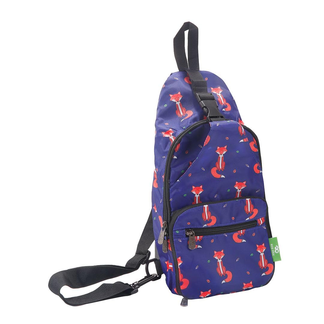 Eco Chic Lightweight Foldable Crossbody Bag Recycled Plastic Shoulder Backpack Folds Into Pouch for Storage (Foxes Navy)