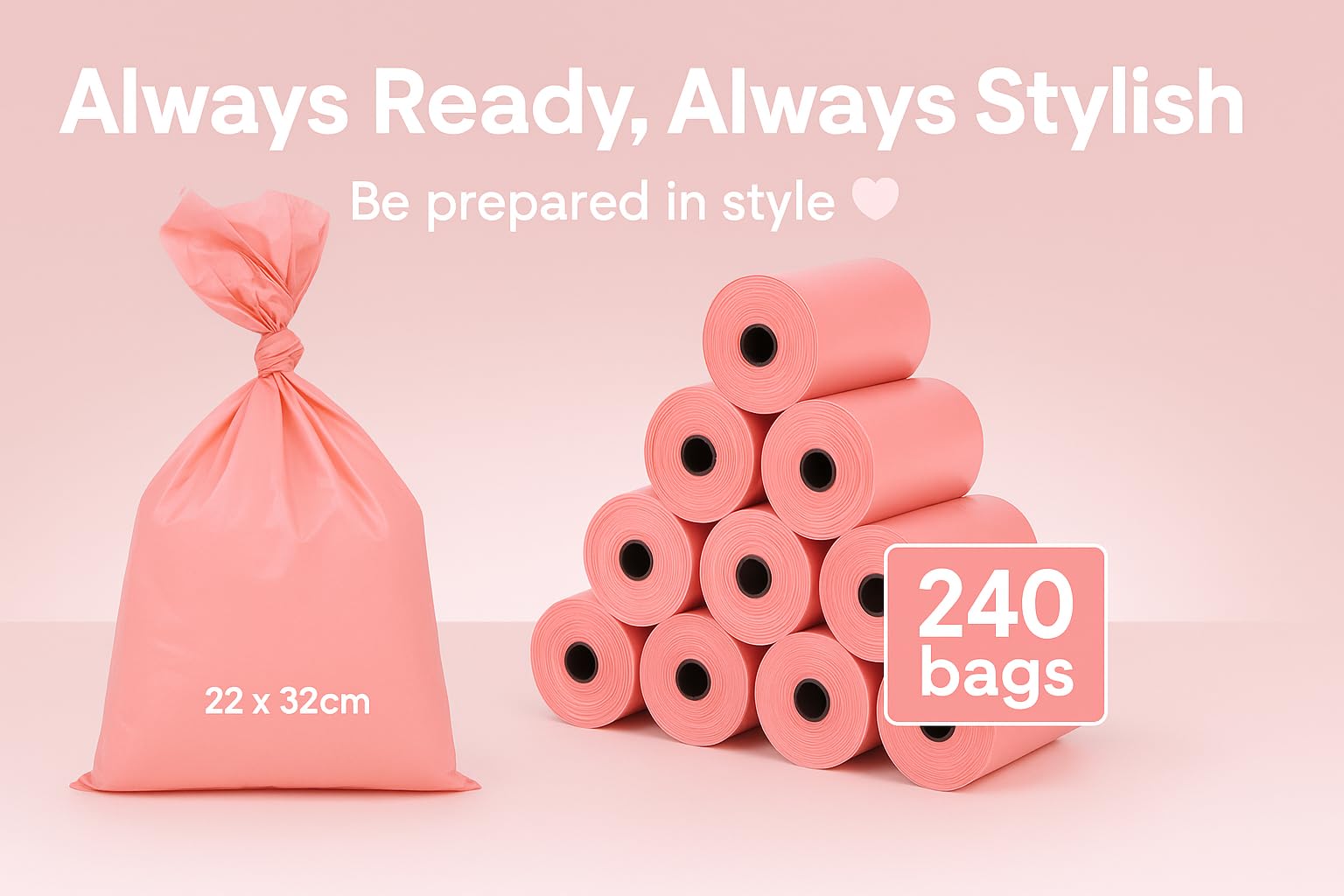 Flamingo Worki na odchody Basic – pastelowy róż, 240 sztuk | higieniczne i stylowe worki na odchody dla psów do podróży