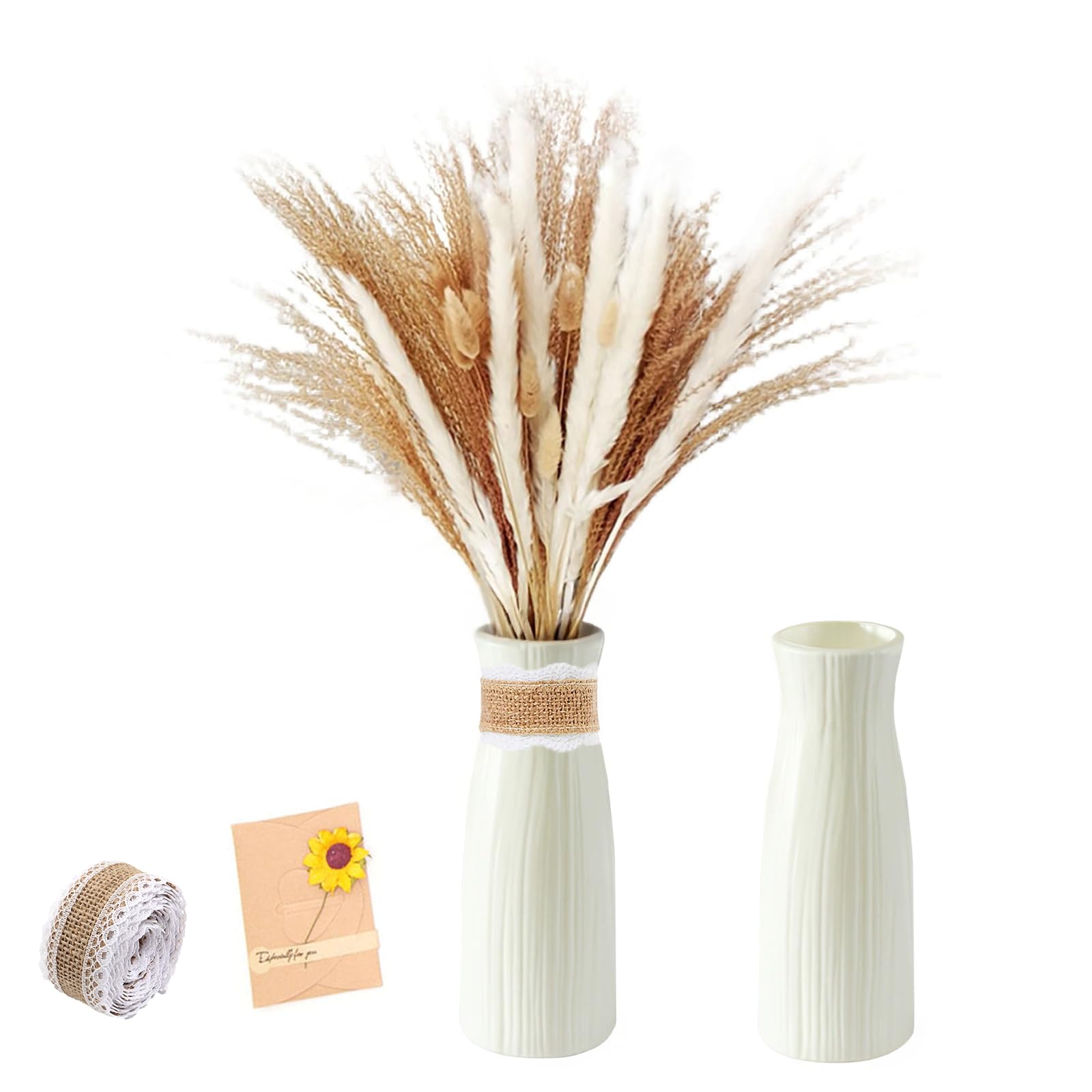 Pampasgras Deko Set Mit Vase - Künstliche Trockenblumen, Boho-Stil, Für Wohnzimmer, Tisch, Badezimmer
