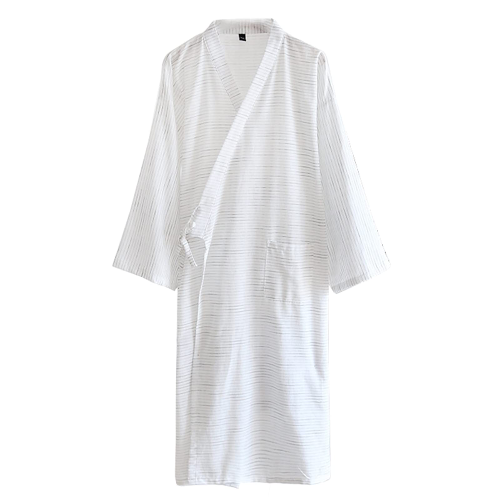 FESFOC Mens Cotton Kimono Robe Summer Adult Bathrobe Lightweight Long Nightgown Spa Robe with Pocket,White,XL