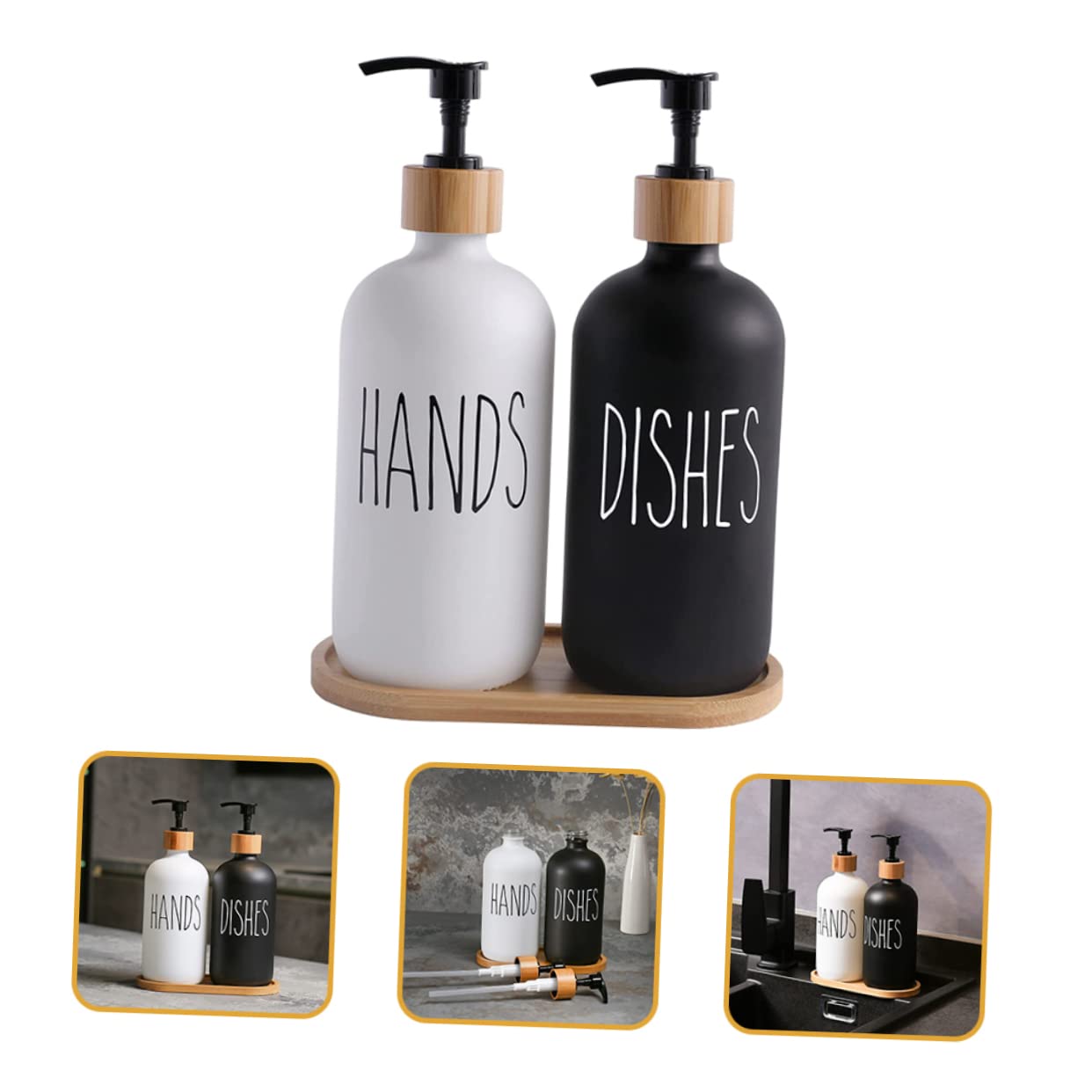 Dispensador de Jabón Líquido de Vidrio con Bomba, 1 Juego | Bandeja de Madera Incluida, para Lavabo y Ducha, Recargable Diseño de Presión