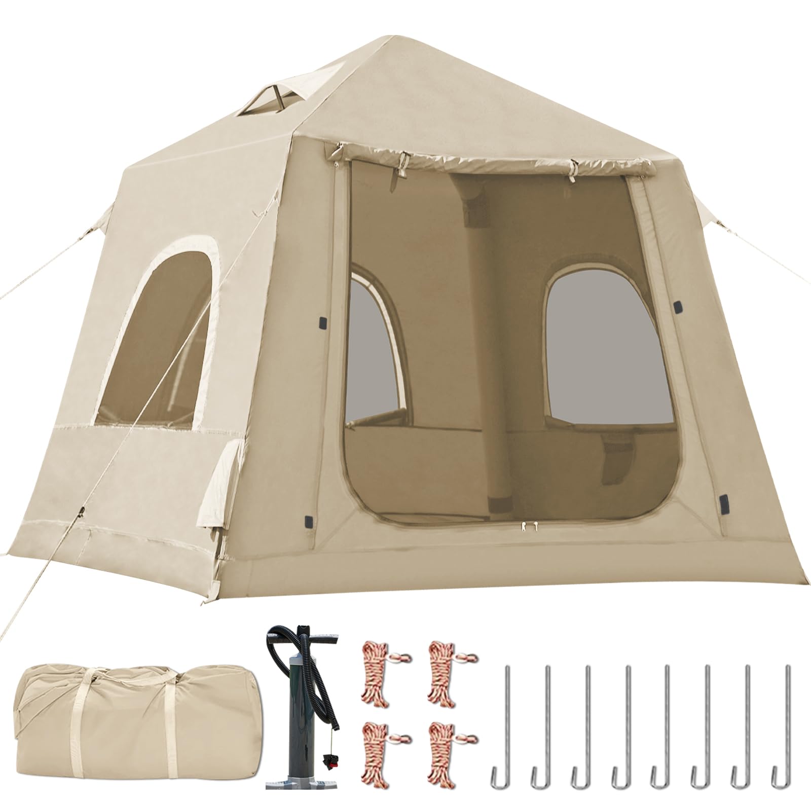 Photo 1 of 2-3 Person Inflatable Glamping Tent,Easy Set up with Hand Air Pump, Waterproof Blow Up Tent for Adults, Portable Outdoor for Hiking/Backpacking/Fishing,Beige