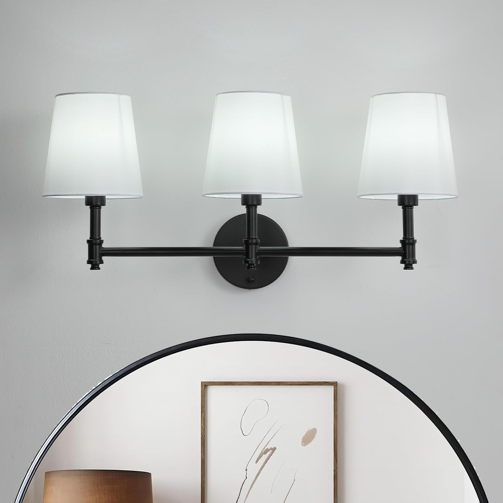 Black Vanity Light 3-Light Modern Bathroom Light Fixture with White Fabric Shade,Wall Sconces for Bathroom Over Mirror,Hallway,Living Room,Kitchen