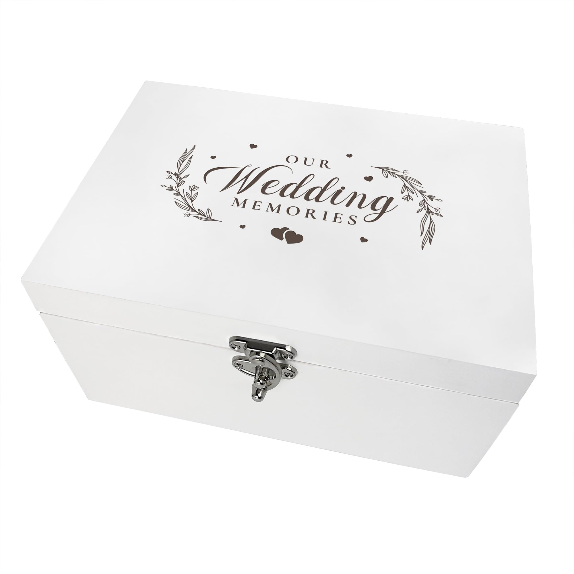 Our Wedding Memories" Engraved Keepsake Box | White Wooden Storage for Couples | Ideal Bridal Shower Gift & Newlywed Present | 27cm x 19cm x 14cm