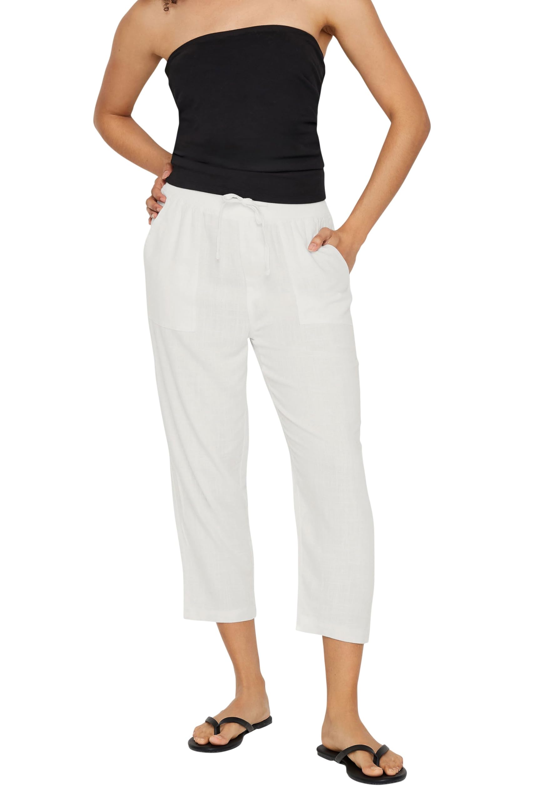 M&Co Women's White Off- Linen Cropped Joggers